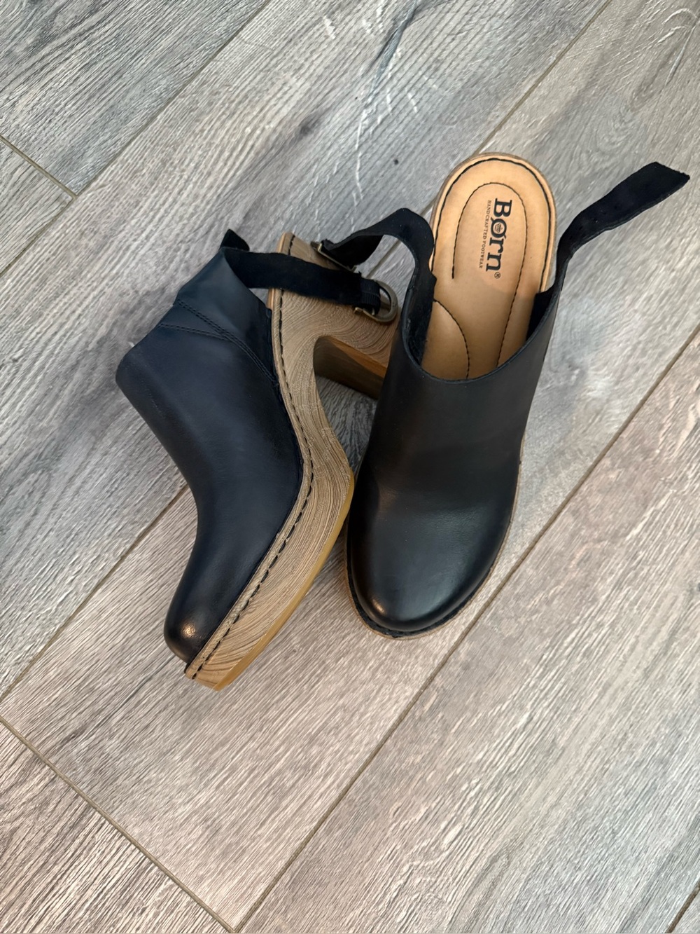 Born Black Leather Slingback Clog Heels with Wood-Tone Platform